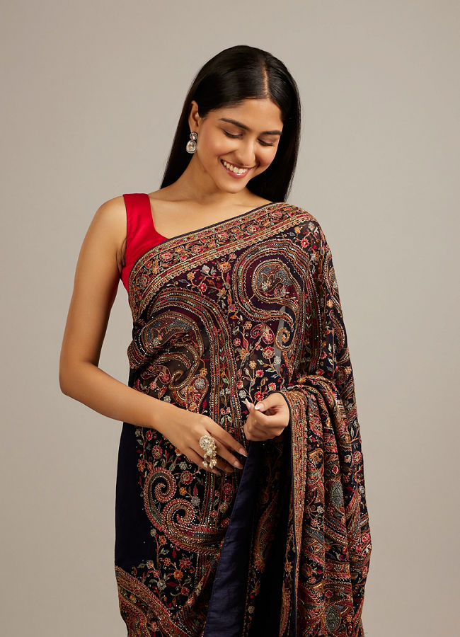 Mohey Women Indigo Blue Floral Embroidered Saree with Paisley Motifs And Rhinestone Work