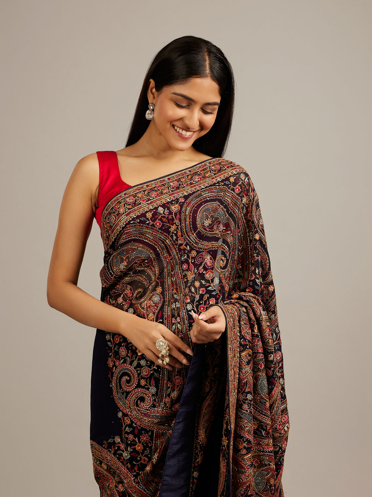 Mohey Women Indigo Blue Floral Embroidered Saree with Paisley Motifs And Rhinestone Work