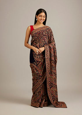 Mohey Women Indigo Blue Floral Embroidered Saree with Paisley Motifs And Rhinestone Work