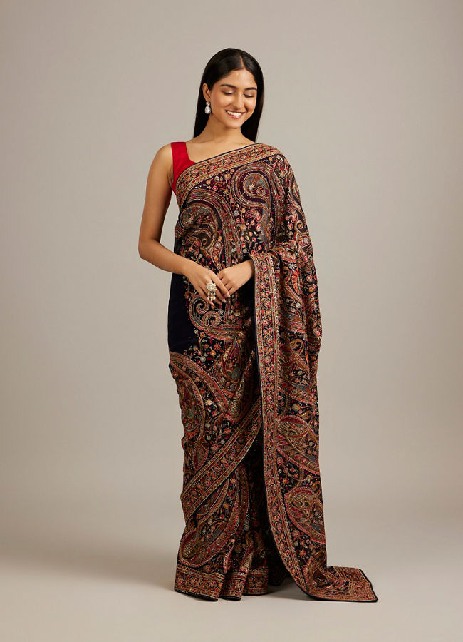 Mohey Women Indigo Blue Floral Embroidered Saree with Paisley Motifs And Rhinestone Work