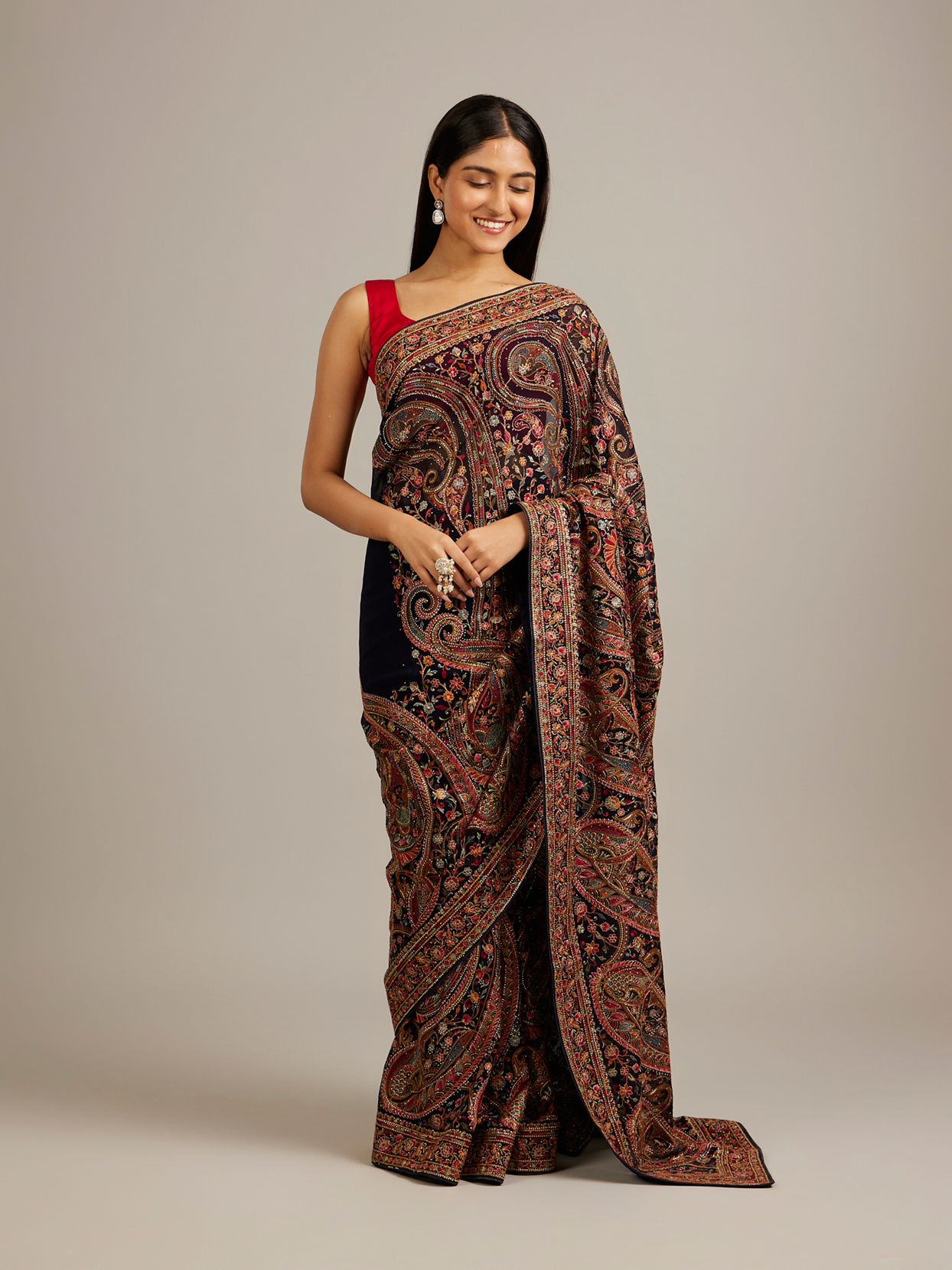 Mohey Women Indigo Blue Floral Embroidered Saree with Paisley Motifs And Rhinestone Work