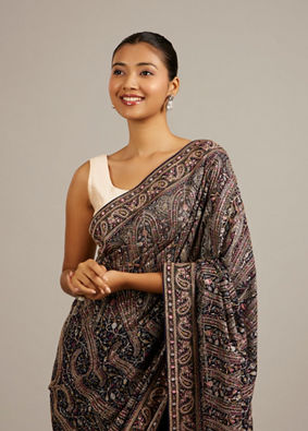 Mohey Women Indigo Blue Bel Buti Embroidered Saree with Paisley Motifs And Rhinestone Work