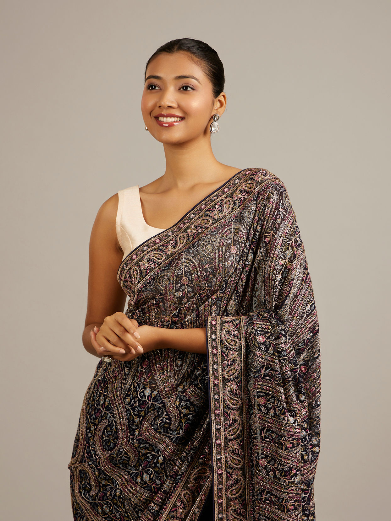 Mohey Women Indigo Blue Bel Buti Embroidered Saree with Paisley Motifs And Rhinestone Work