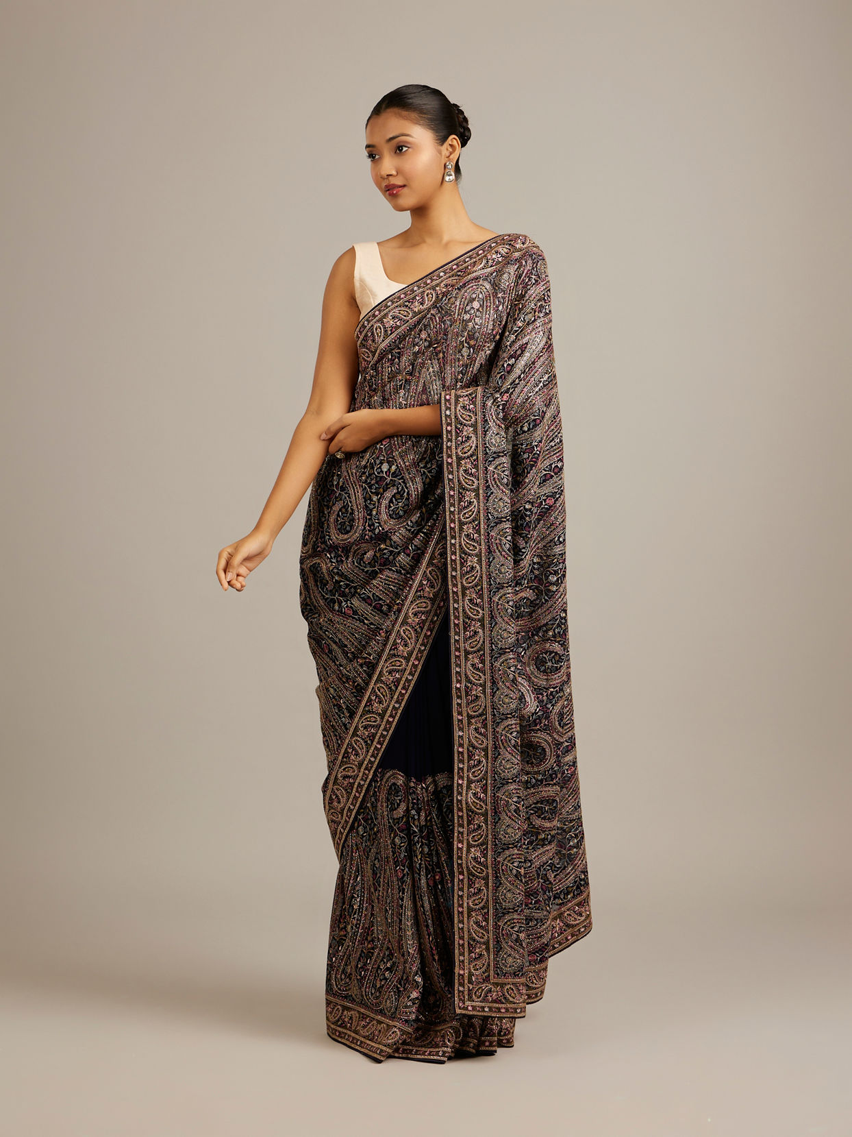 Mohey Women Indigo Blue Bel Buti Embroidered Saree with Paisley Motifs And Rhinestone Work