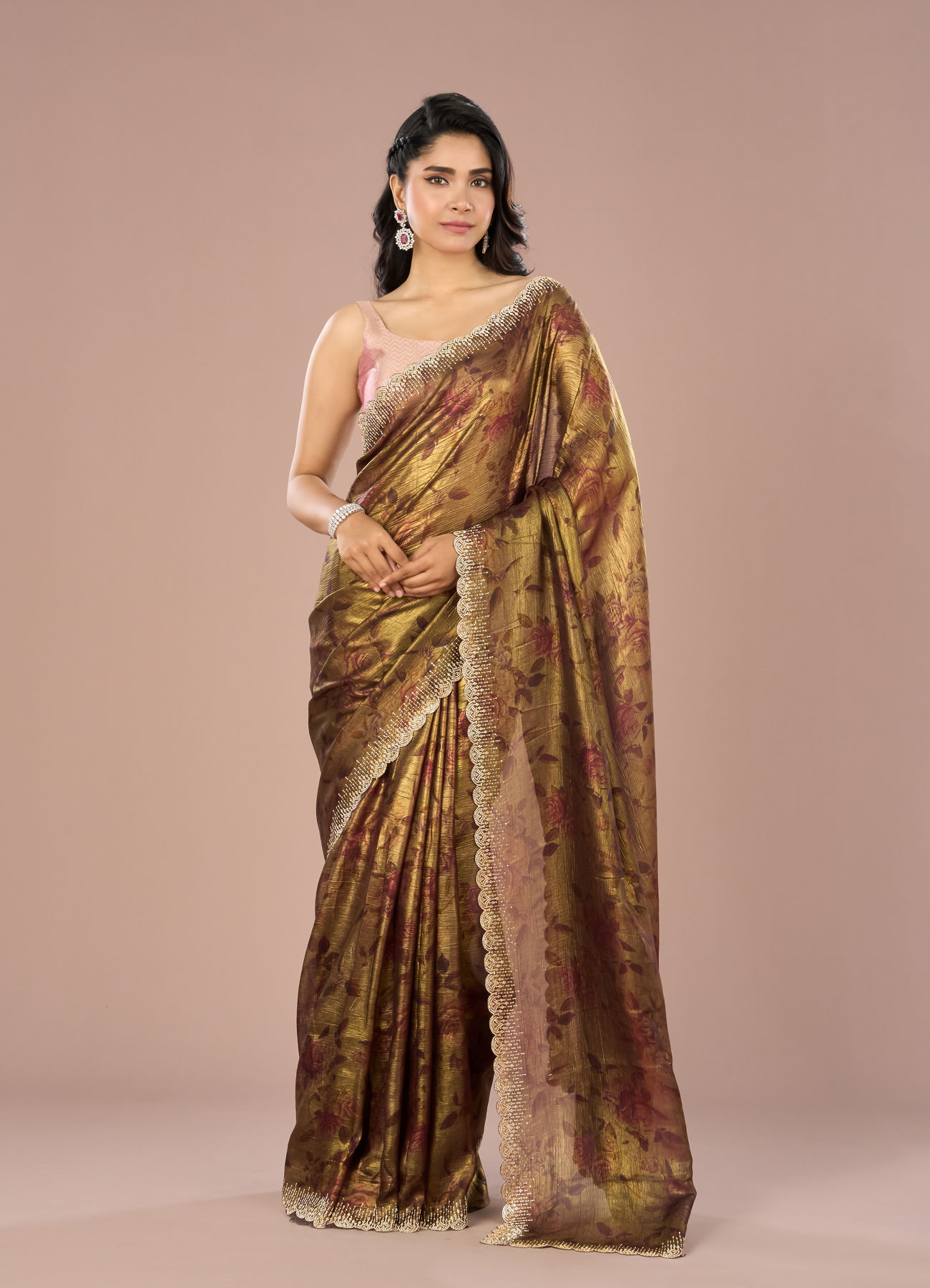 Mohey Women Classy Organza Magic Brown Saree