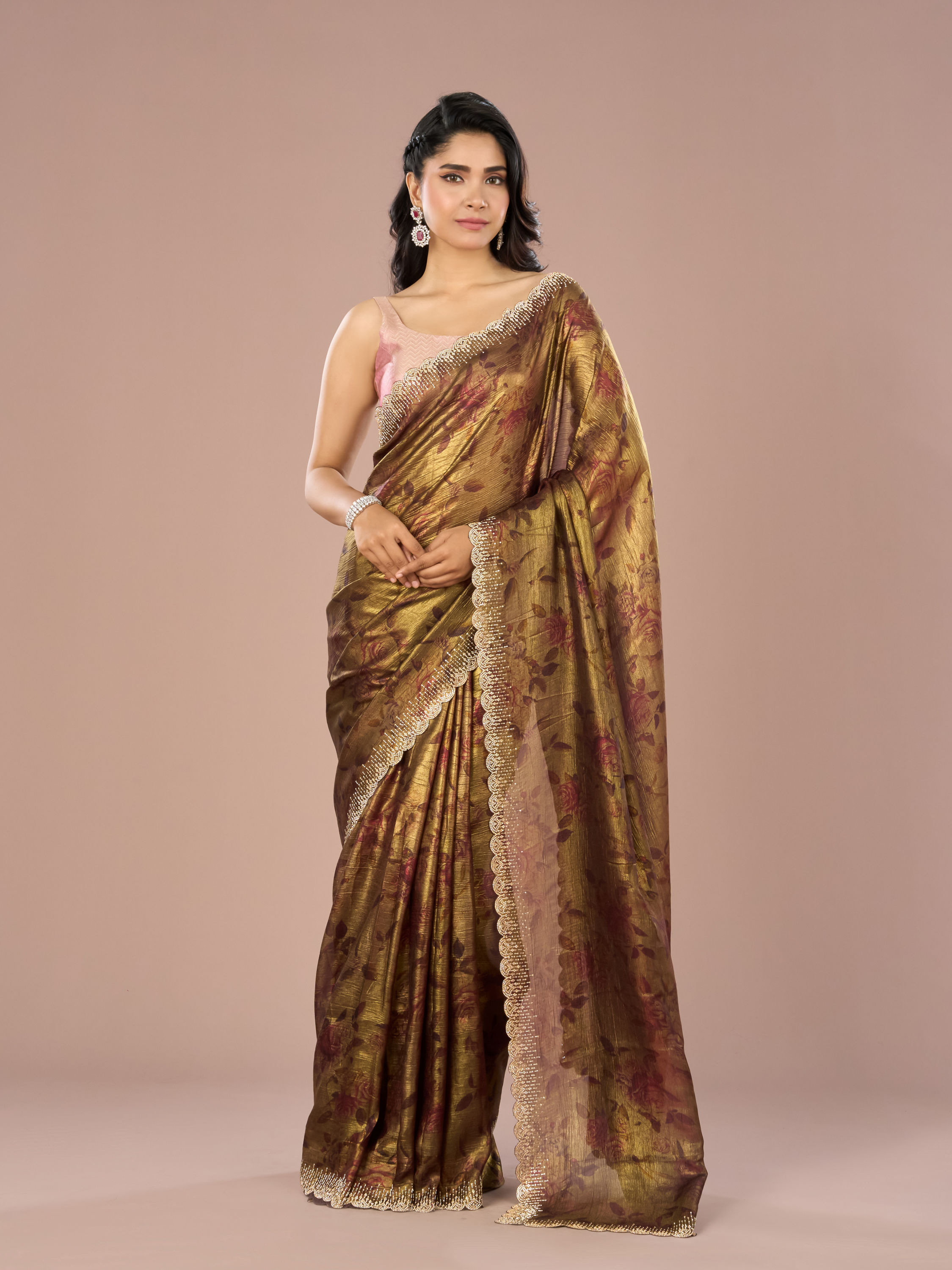 Mohey Women Classy Organza Magic Brown Saree