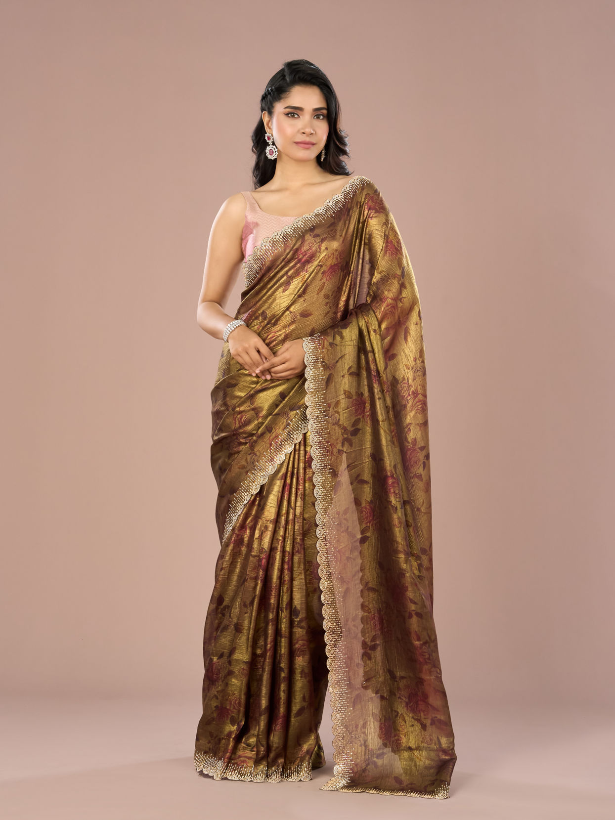 Mohey Women Classy Organza Magic Brown Saree