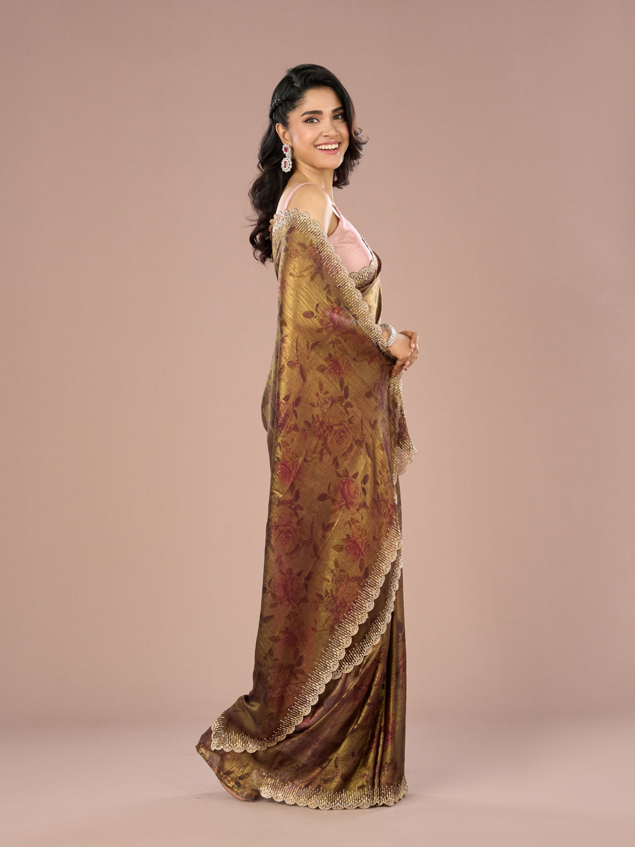 Mohey Women Classy Organza Magic Brown Saree