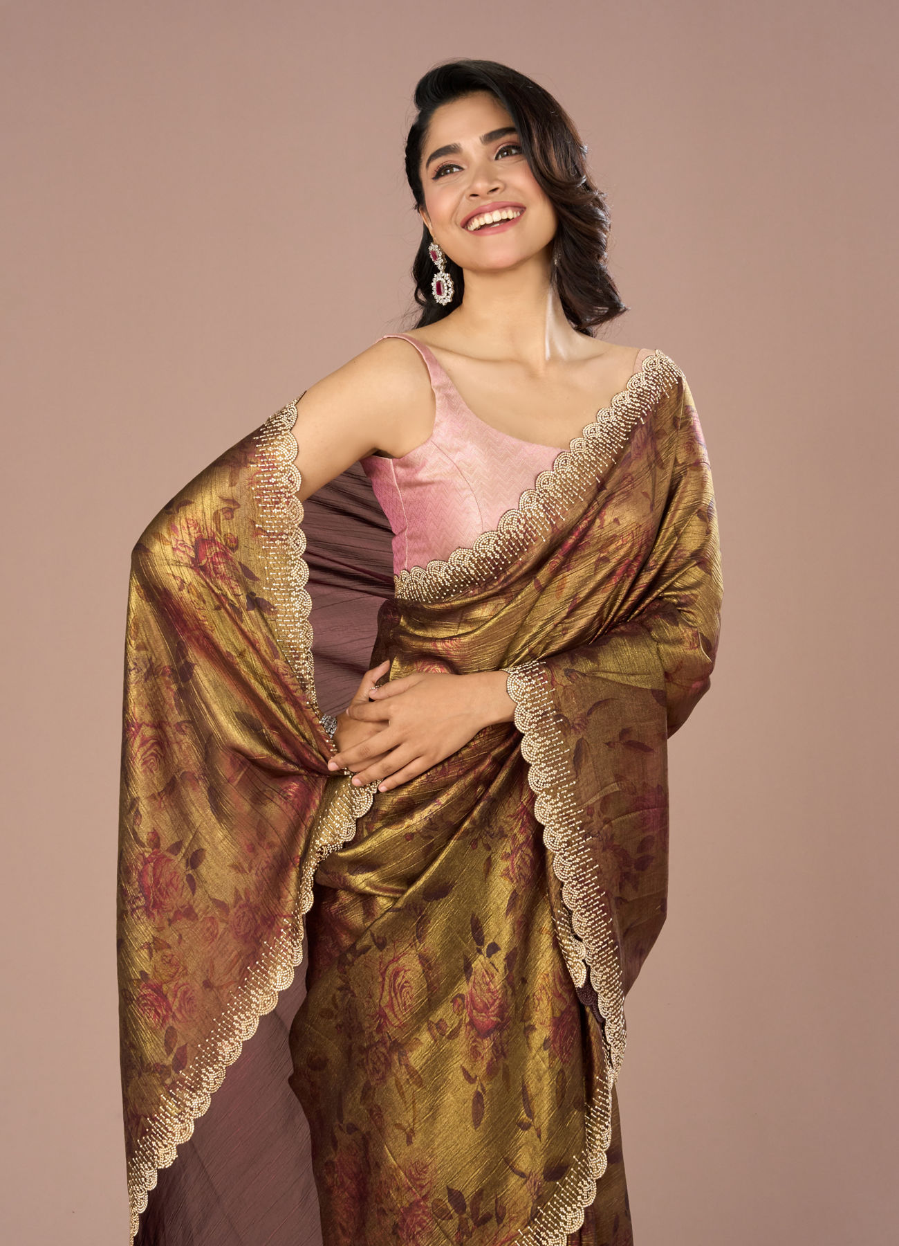 Mohey Women Classy Organza Magic Brown Saree