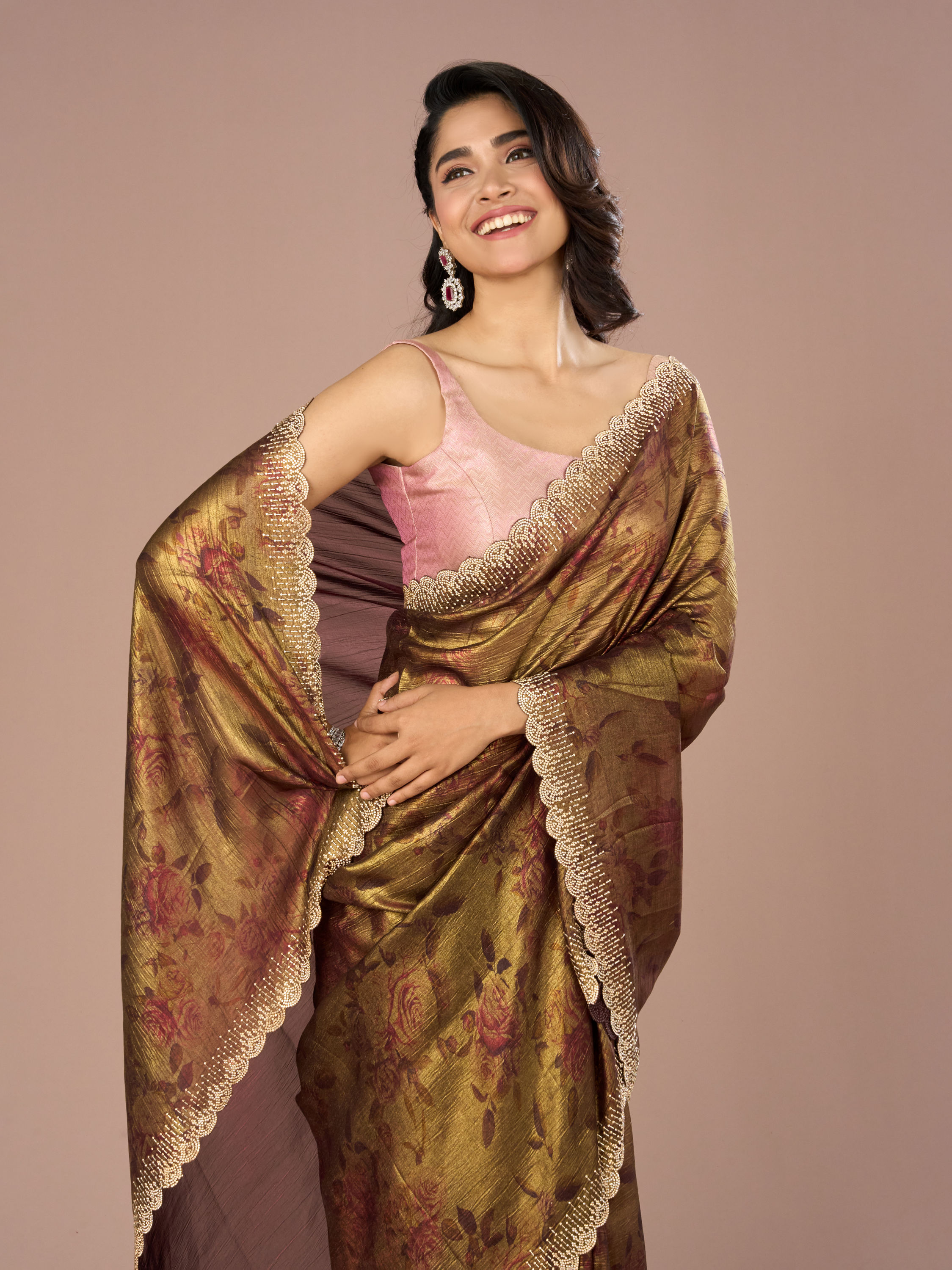 Mohey Women Classy Organza Magic Brown Saree