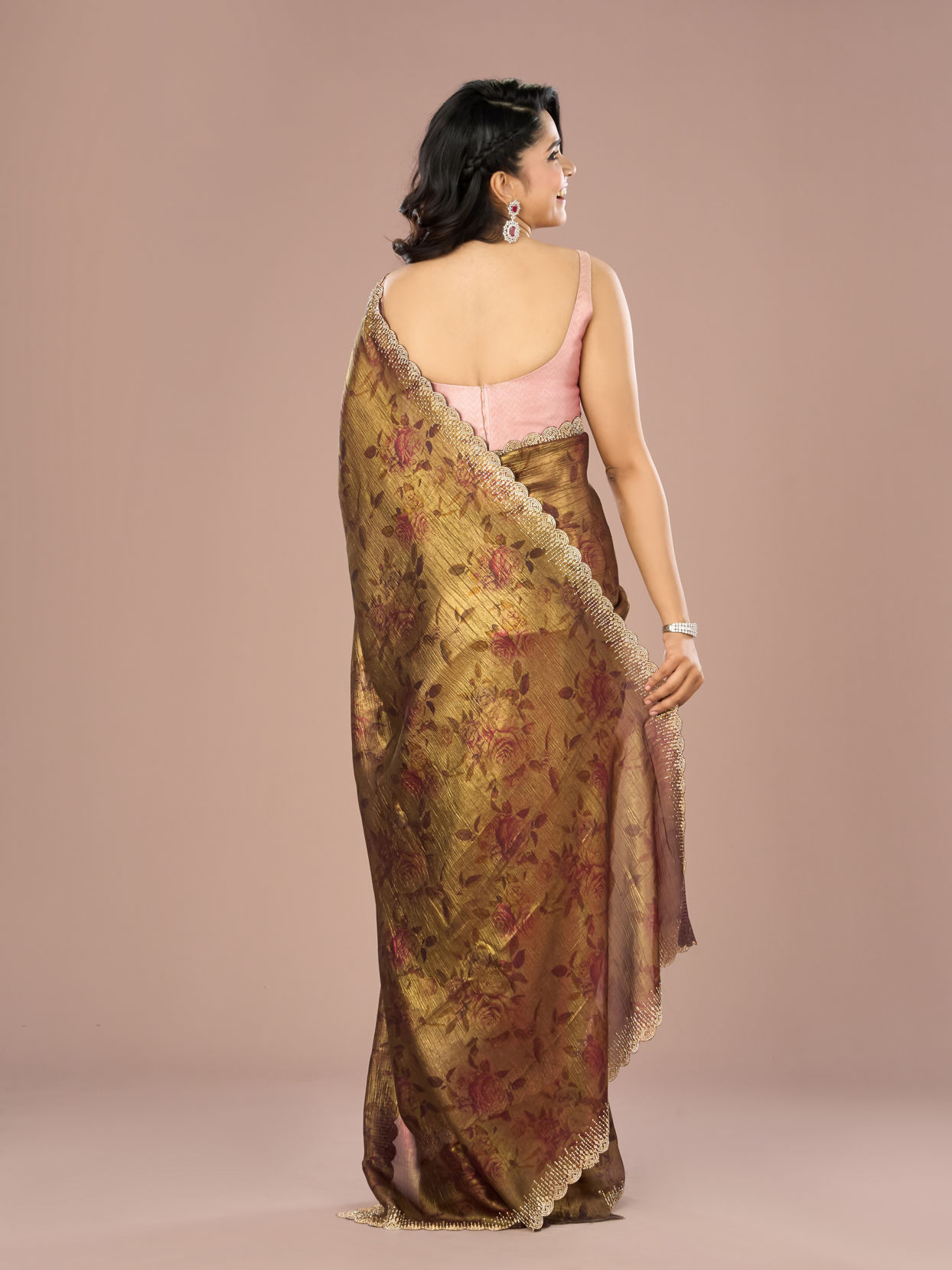 Mohey Women Classy Organza Magic Brown Saree