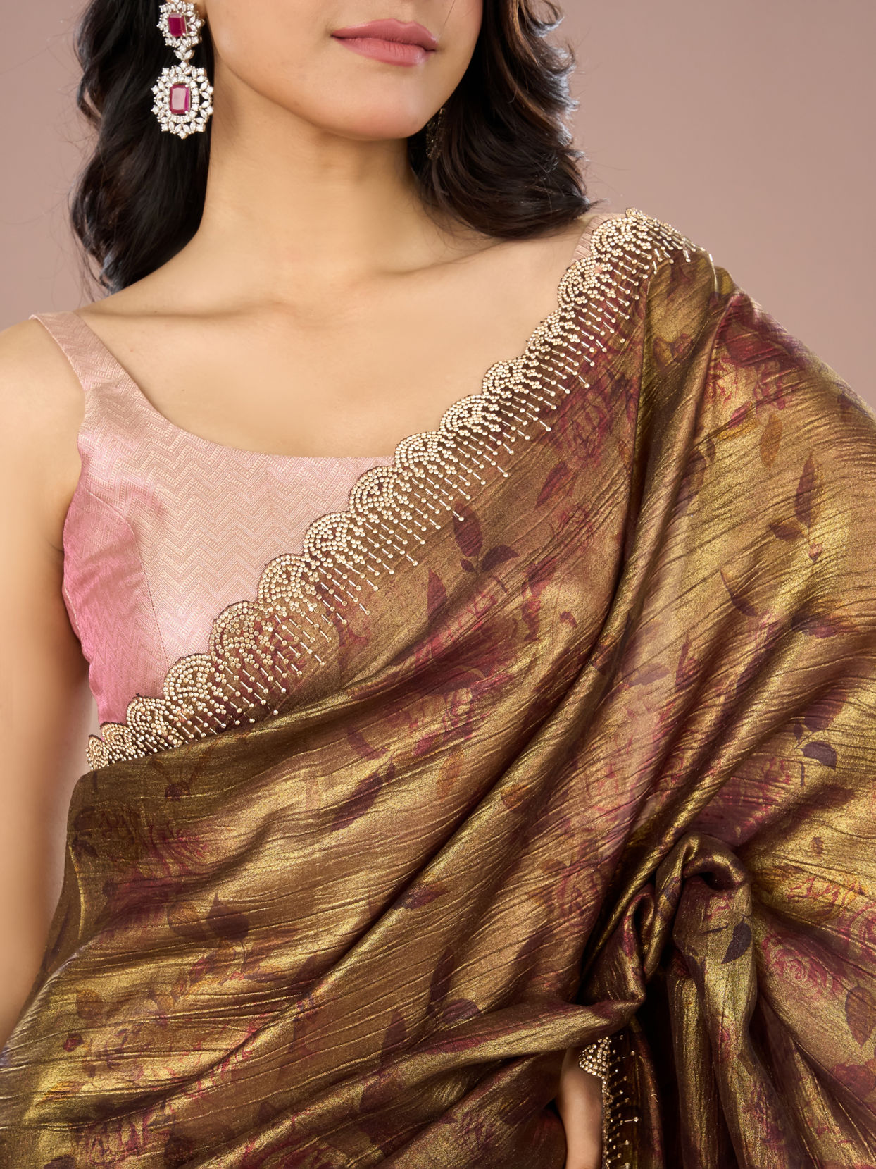 Mohey Women Classy Organza Magic Brown Saree
