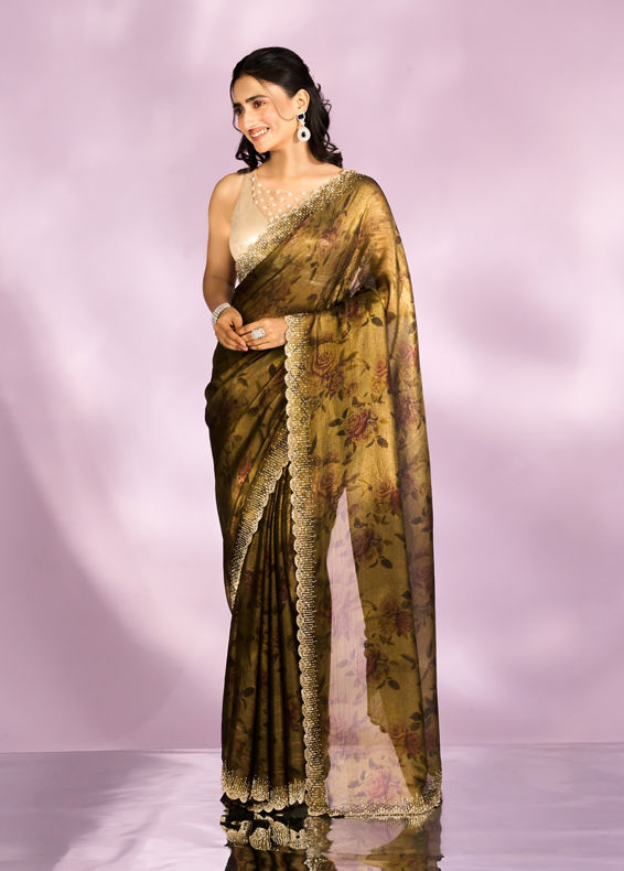 Mohey Women Majestic Mehandi Green Organza Radiance Saree