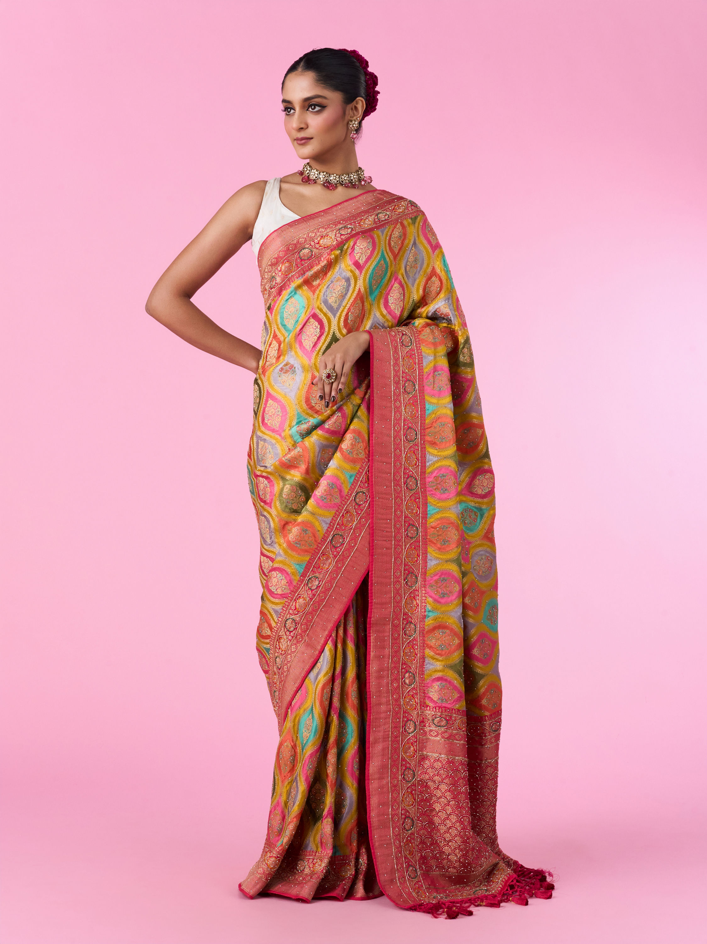 Mohey Women Radiant Mustard Yellow Satin Banarasi Saree