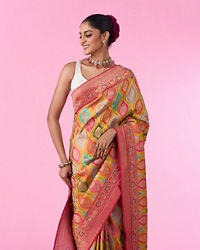 Mohey Women Radiant Mustard Yellow Satin Banarasi Saree