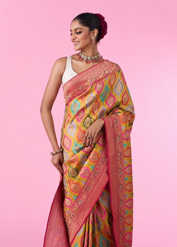 Mohey Women Radiant Mustard Yellow Satin Banarasi Saree