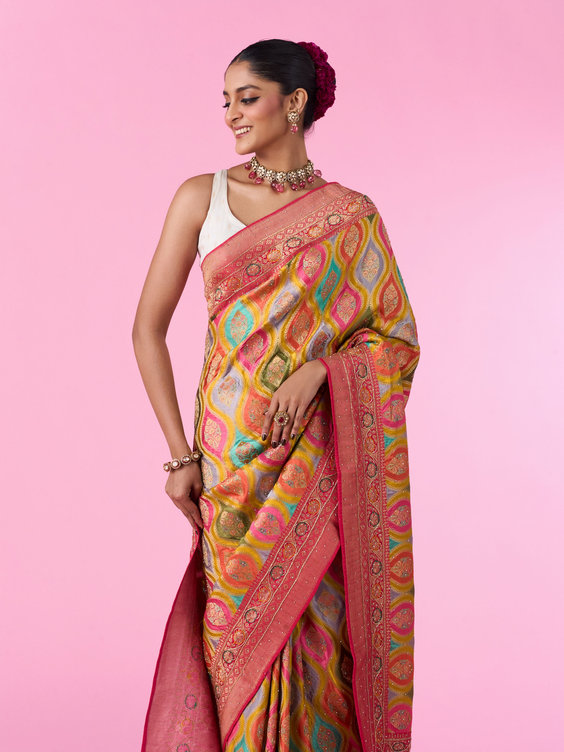 Mohey Women Radiant Mustard Yellow Satin Banarasi Saree