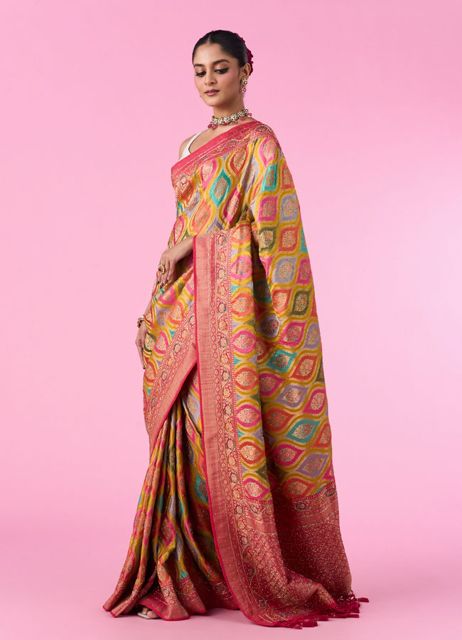 Mohey Women Radiant Mustard Yellow Satin Banarasi Saree