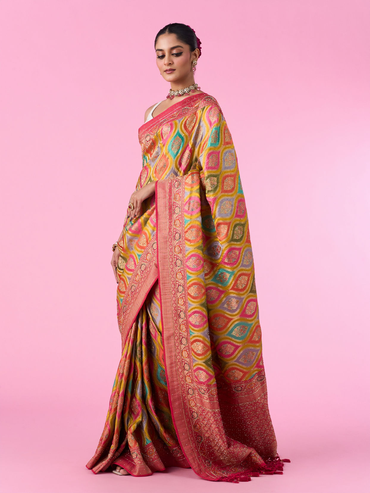 Mohey Women Radiant Mustard Yellow Satin Banarasi Saree