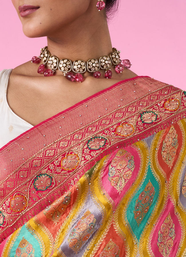 Mohey Women Radiant Mustard Yellow Satin Banarasi Saree