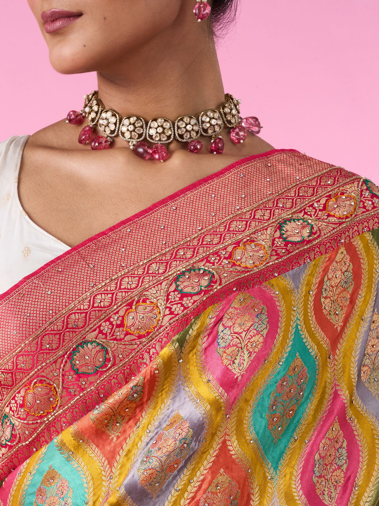 Mohey Women Radiant Mustard Yellow Satin Banarasi Saree