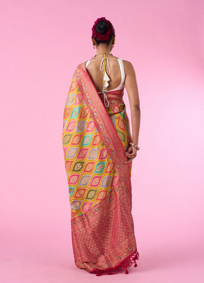 Mohey Women Radiant Mustard Yellow Satin Banarasi Saree