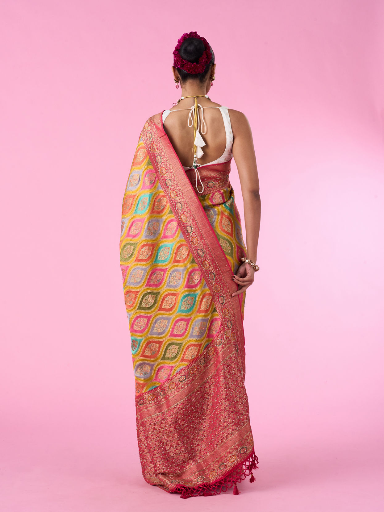 Mohey Women Radiant Mustard Yellow Satin Banarasi Saree