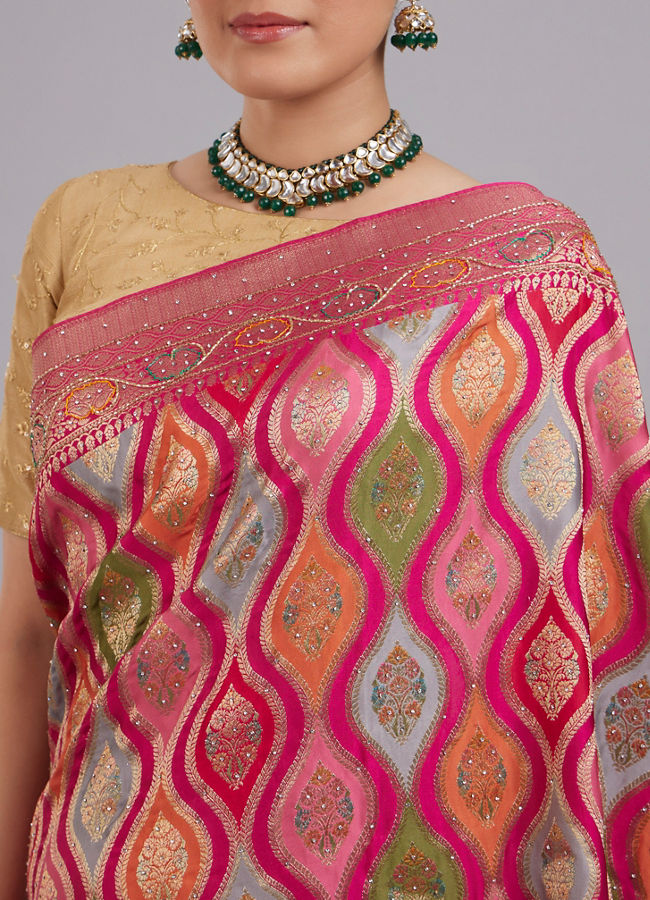 Mohey Women Enchanting Pink Satin Saree