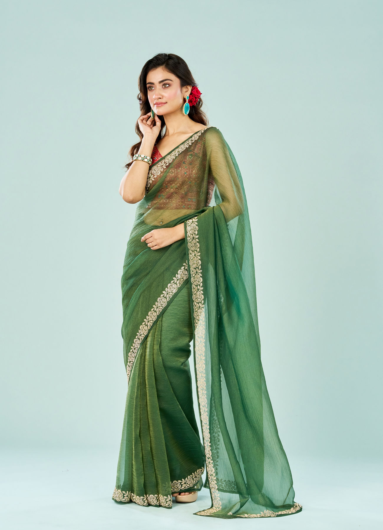 Mohey Women Emerald Enchantment Organza Saree