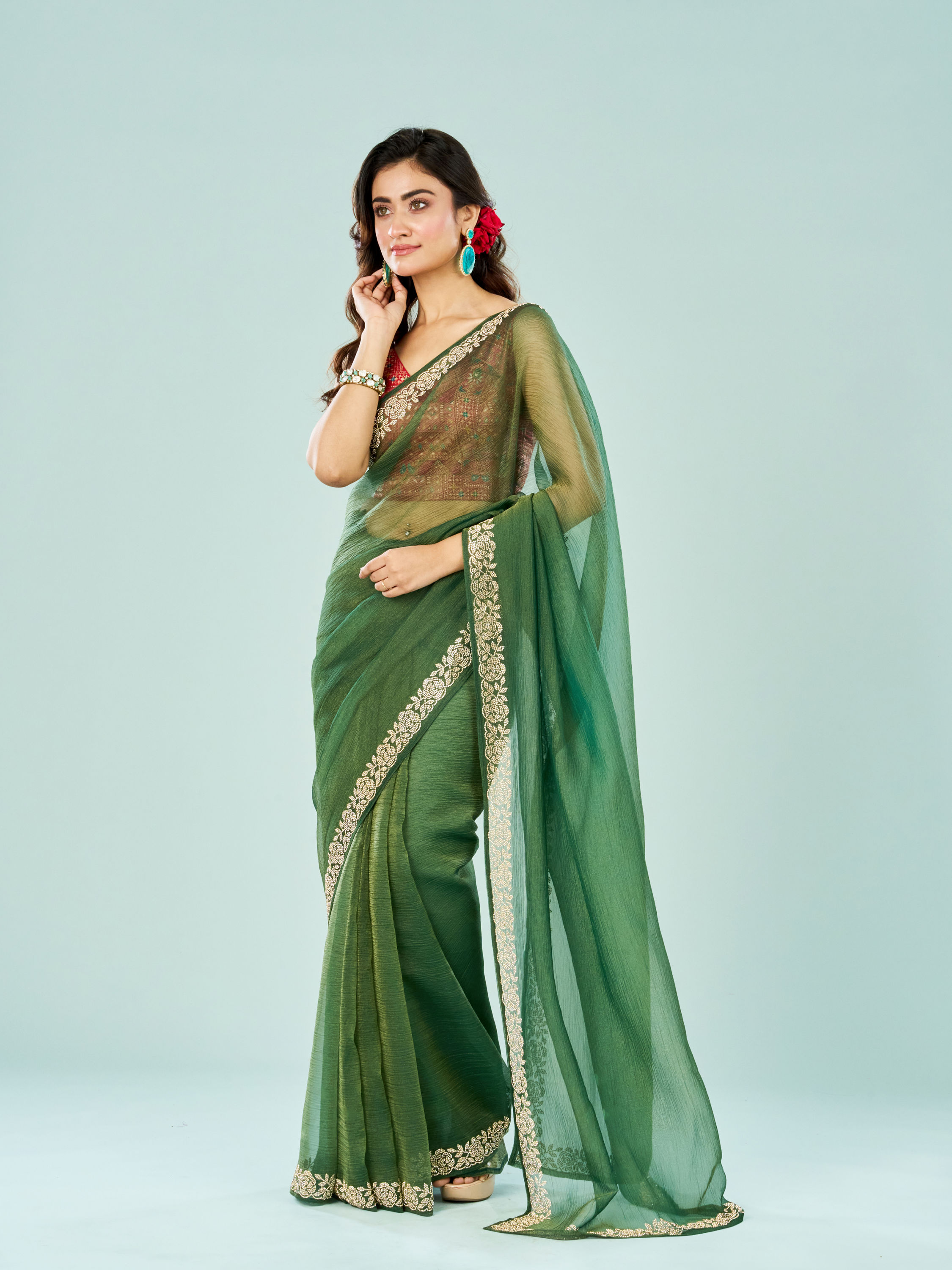 Mohey Women Emerald Enchantment Organza Saree