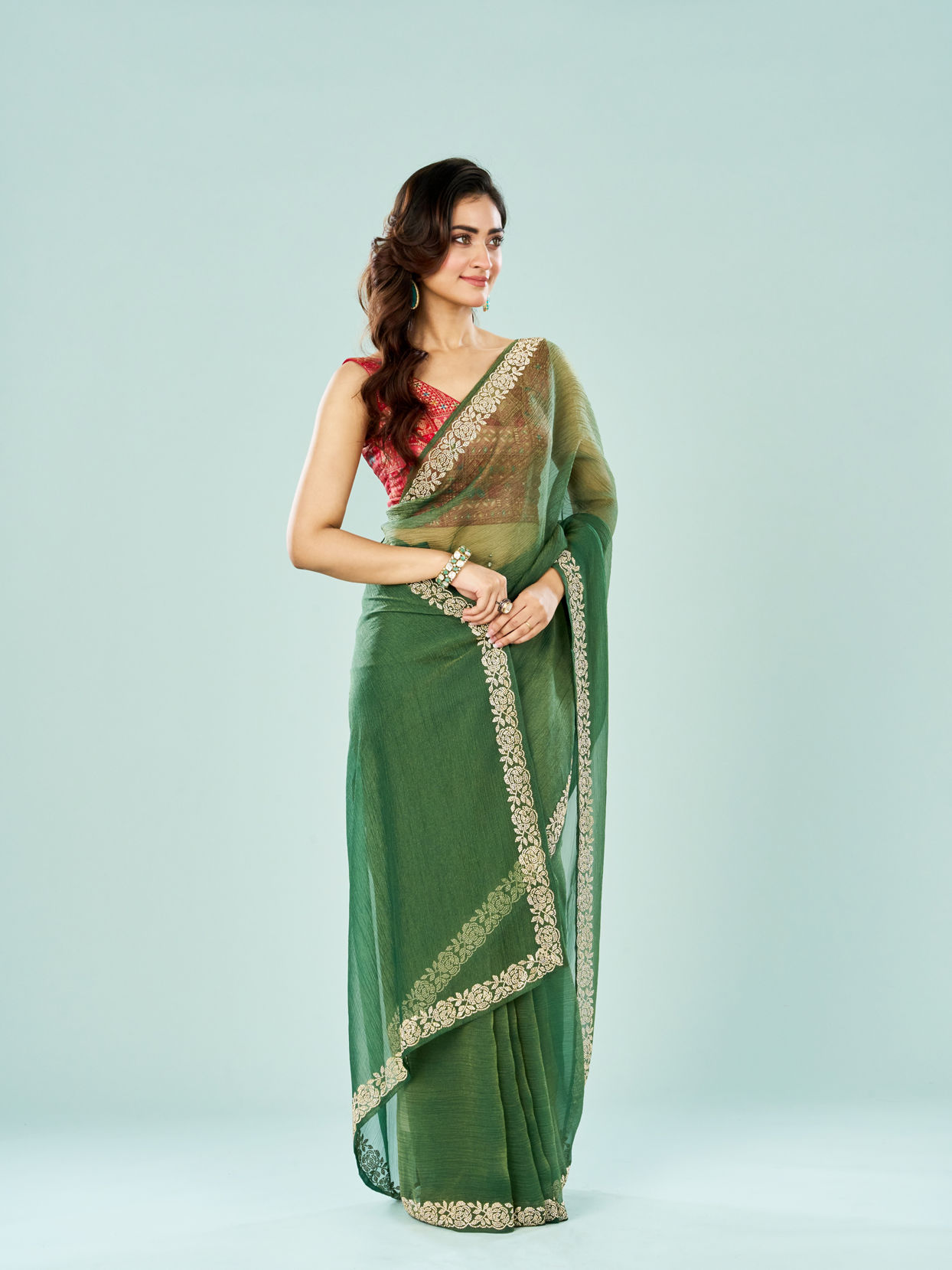 Mohey Women Emerald Enchantment Organza Saree