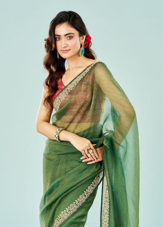 Mohey Women Emerald Enchantment Organza Saree