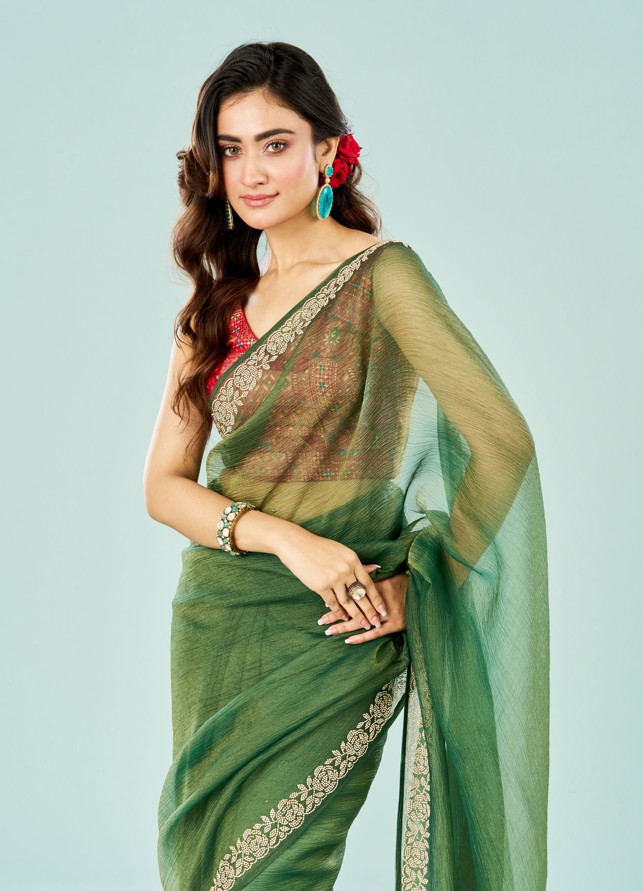 Mohey Women Emerald Enchantment Organza Saree