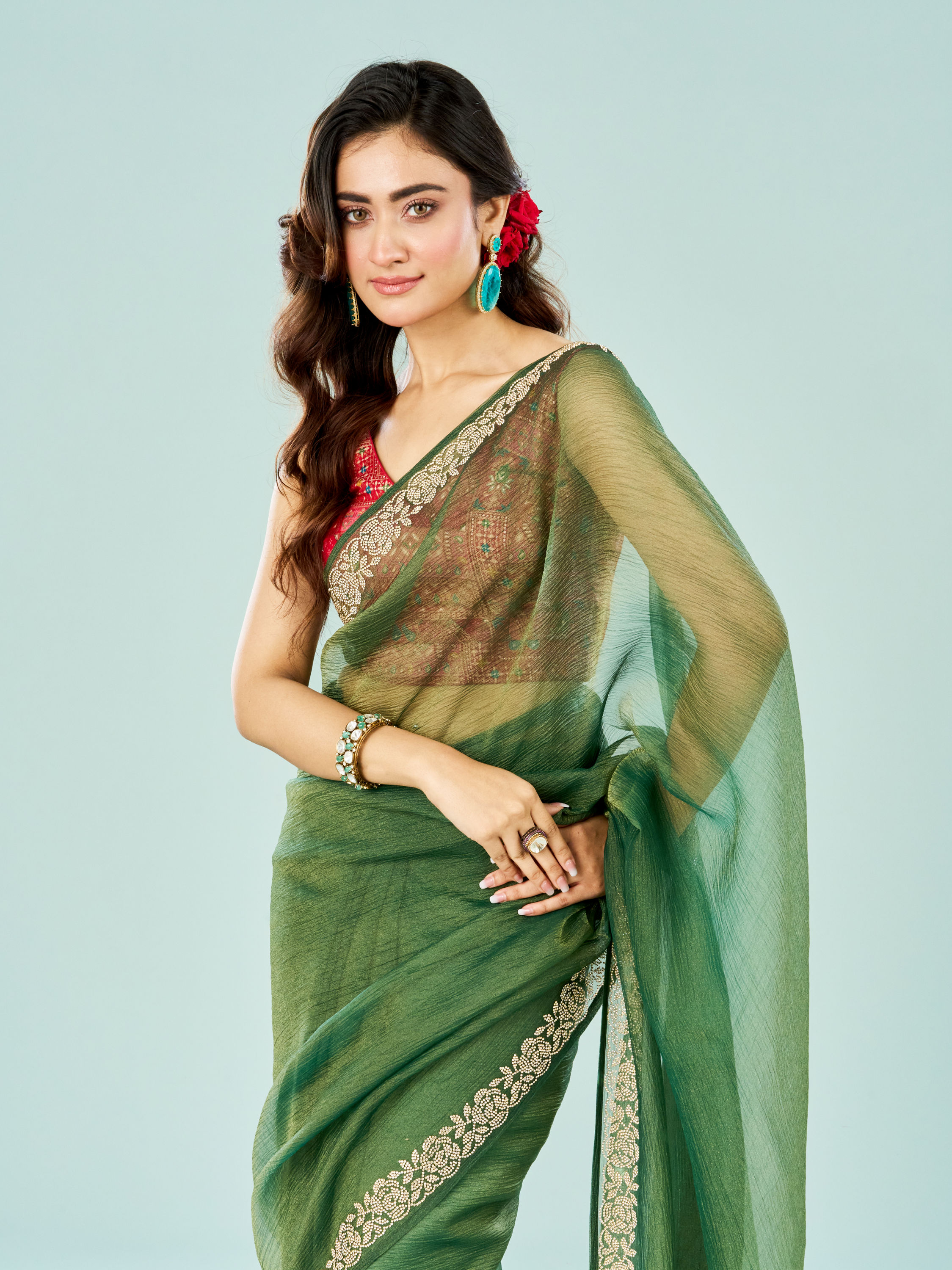 Mohey Women Emerald Enchantment Organza Saree