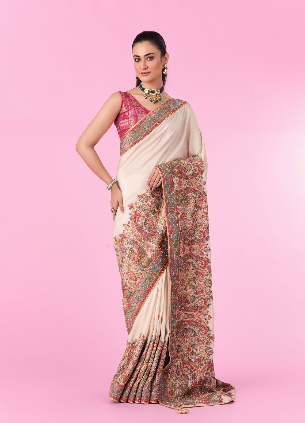 Mohey Women Elegant Cream Banarasi Saree