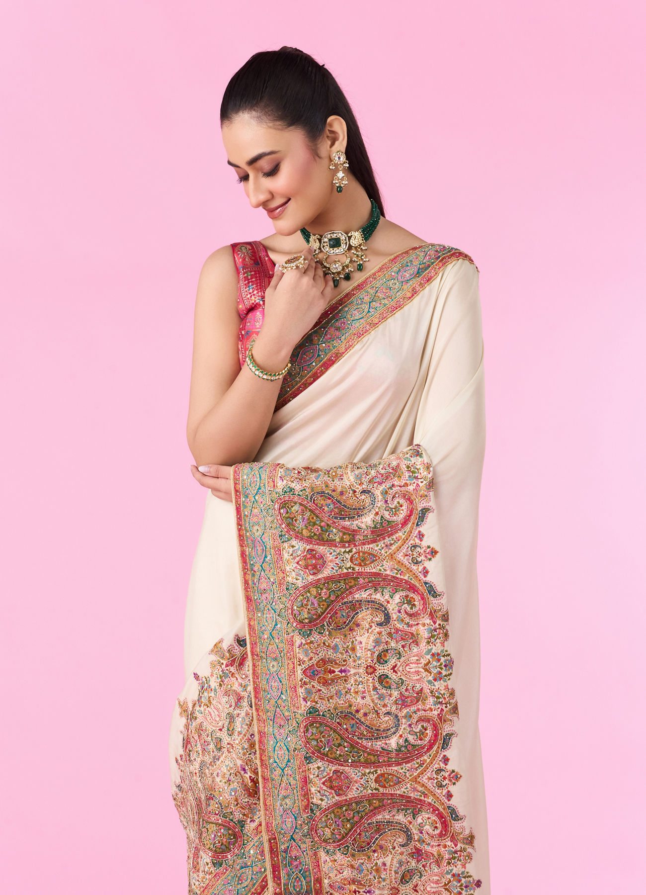 Mohey Women Elegant Cream Banarasi Saree