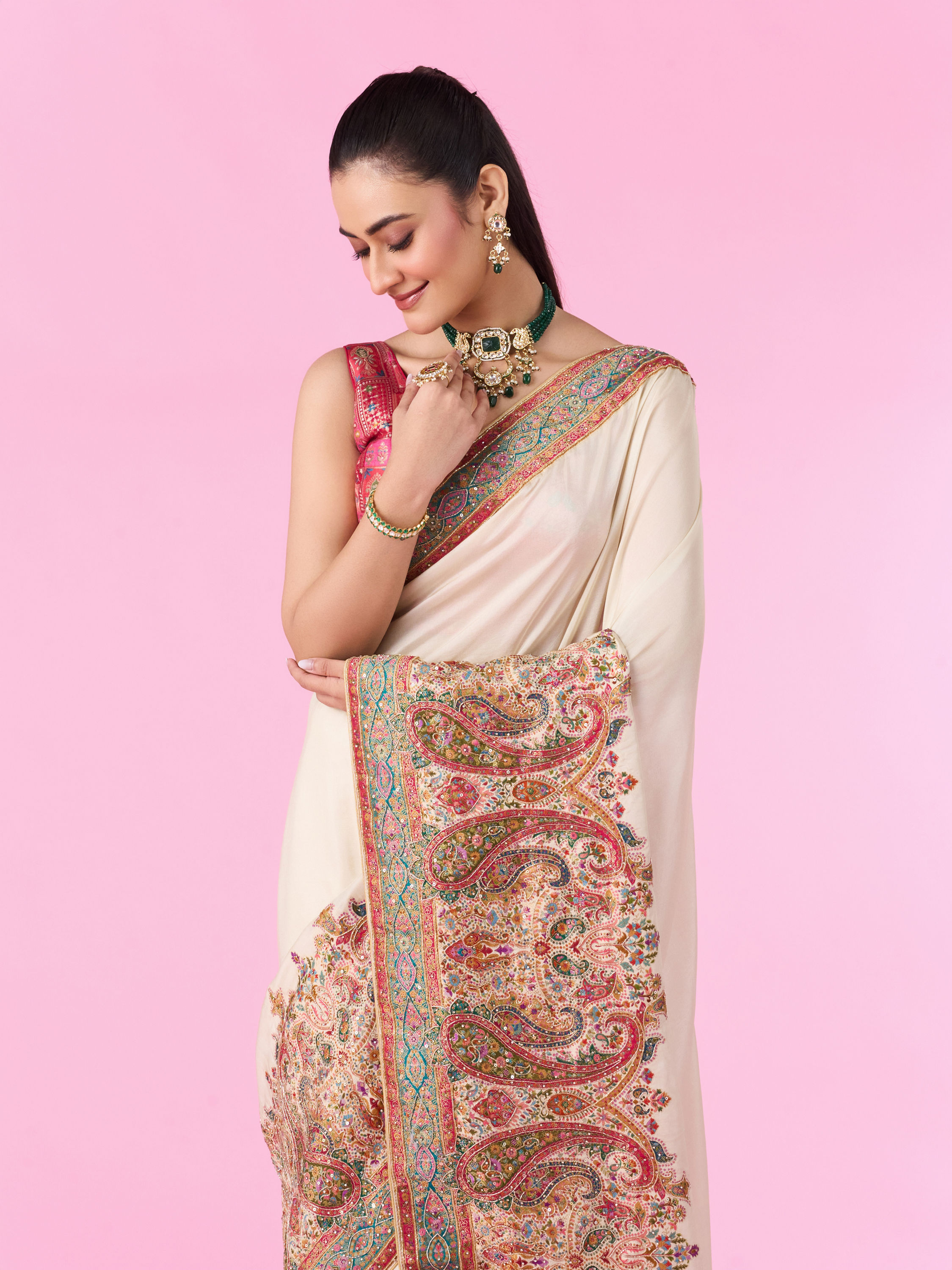 Mohey Women Elegant Cream Banarasi Saree