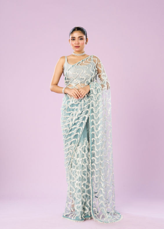 Mohey Women Ethereal Blue Net Saree