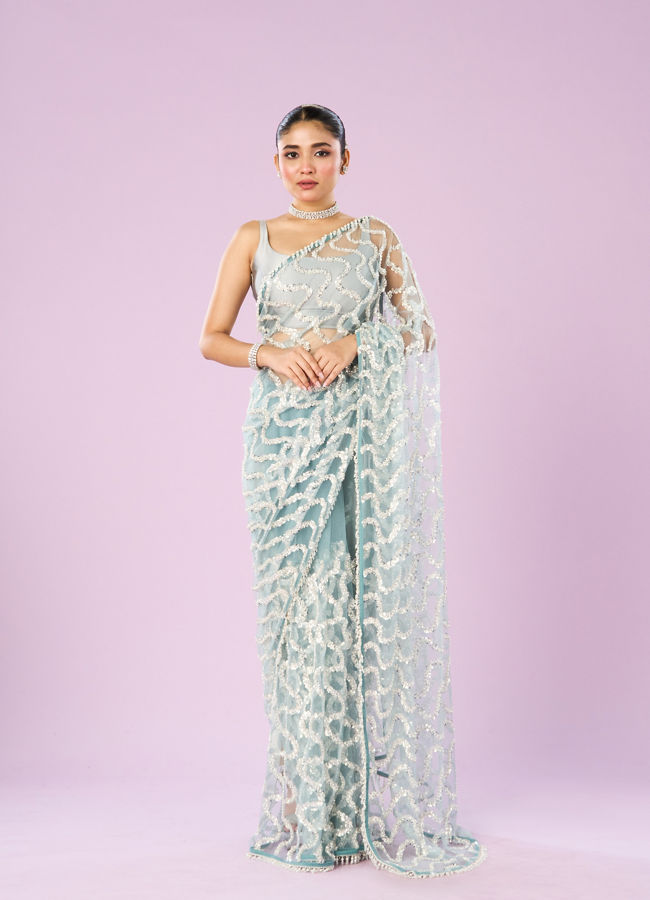 Mohey Women Ethereal Blue Net Saree