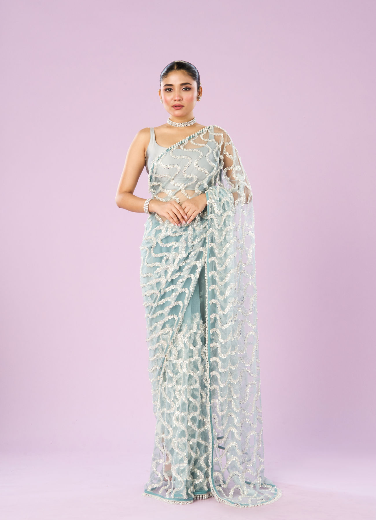 Mohey Women Ethereal Blue Net Saree