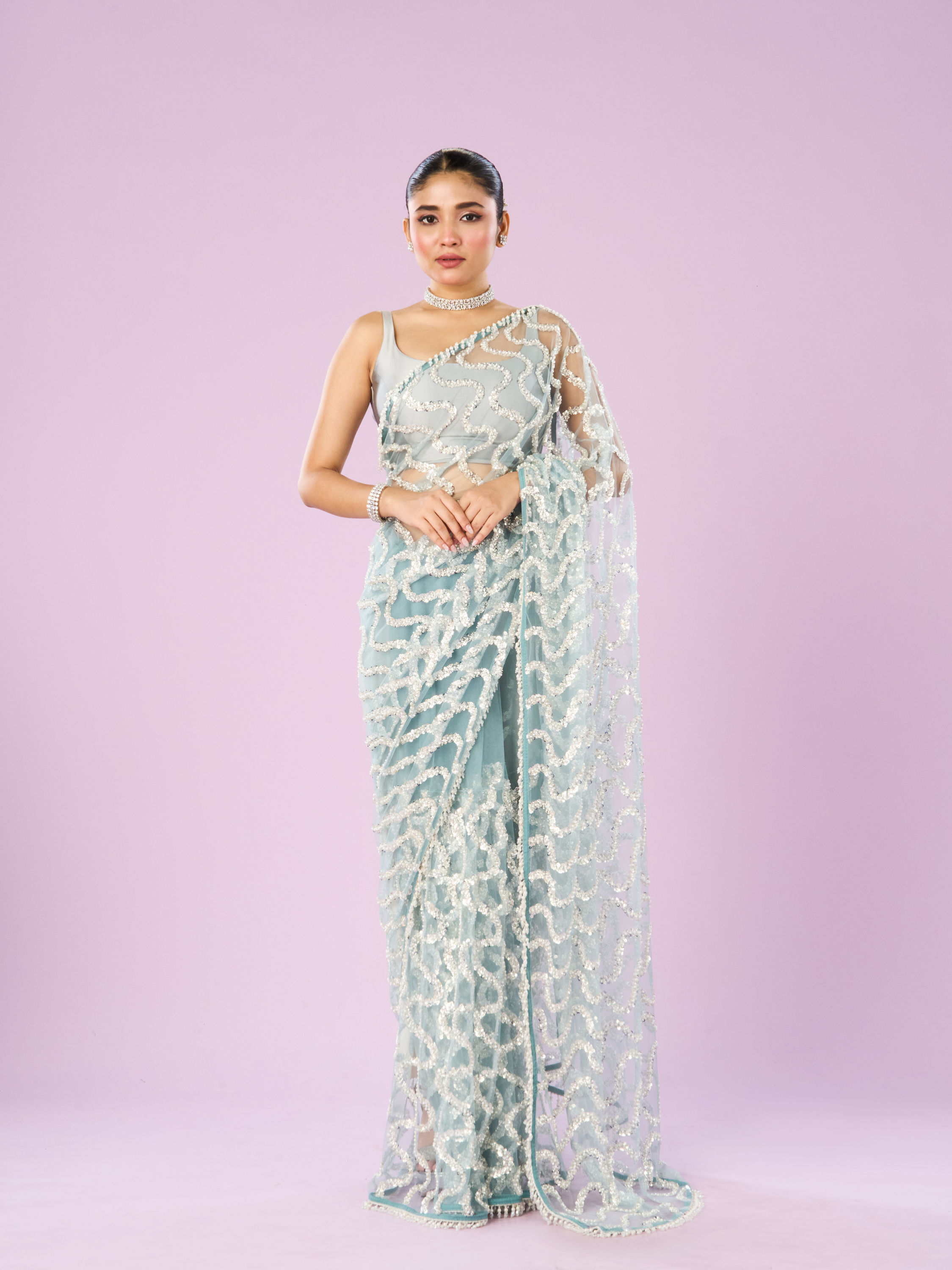 Mohey Women Ethereal Blue Net Saree