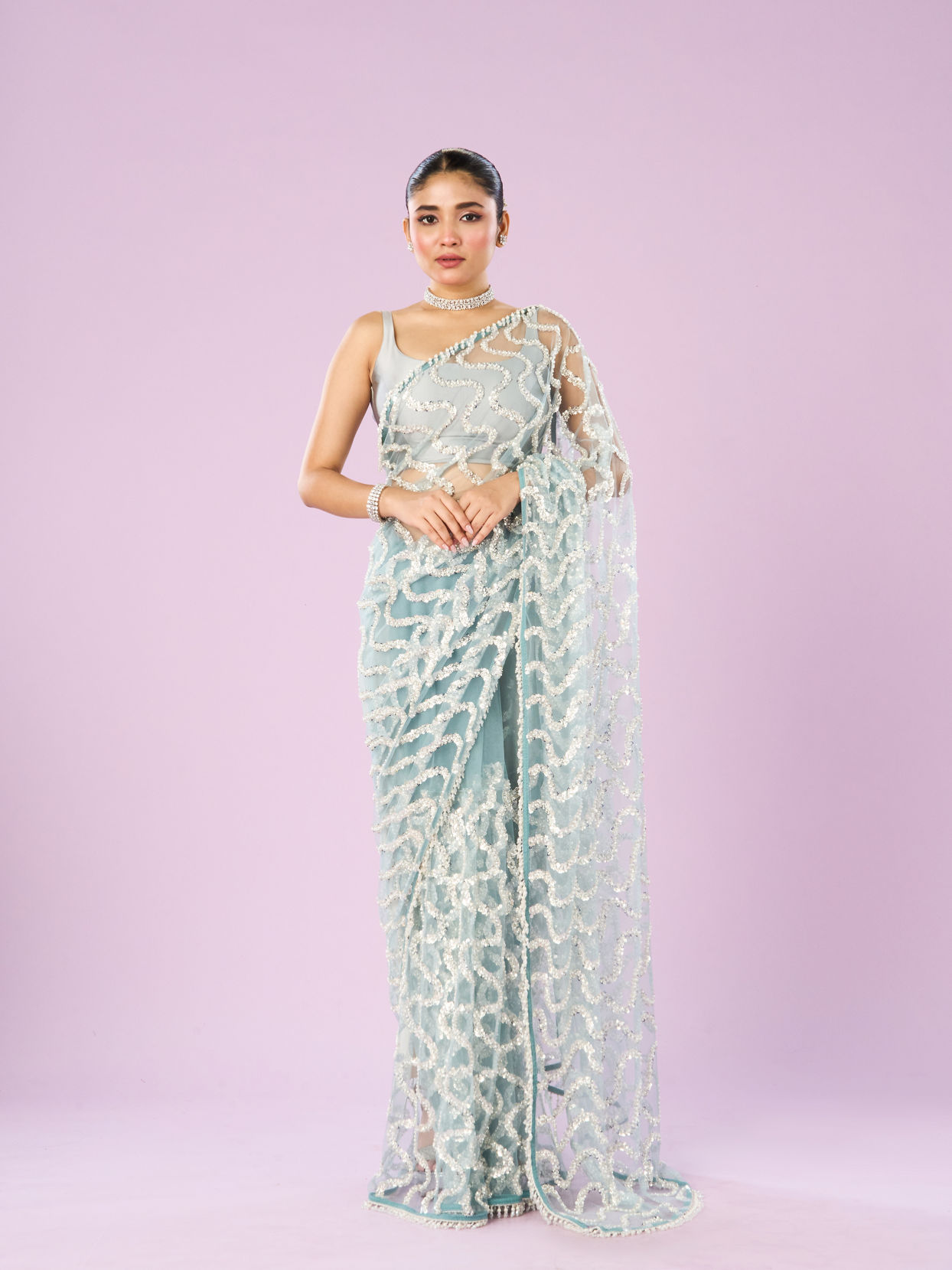 Mohey Women Ethereal Blue Net Saree
