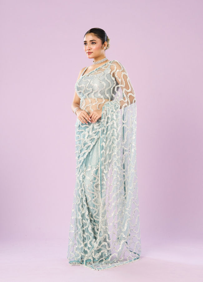 Mohey Women Ethereal Blue Net Saree