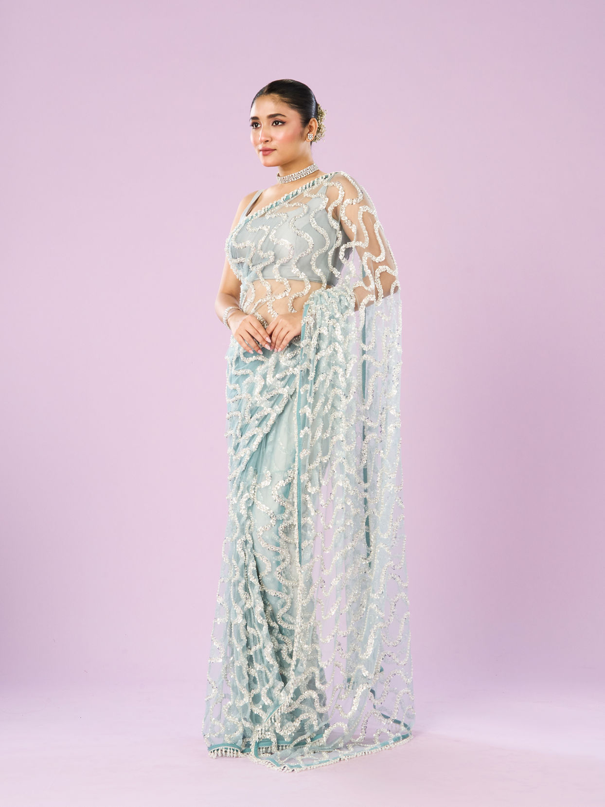 Mohey Women Ethereal Blue Net Saree