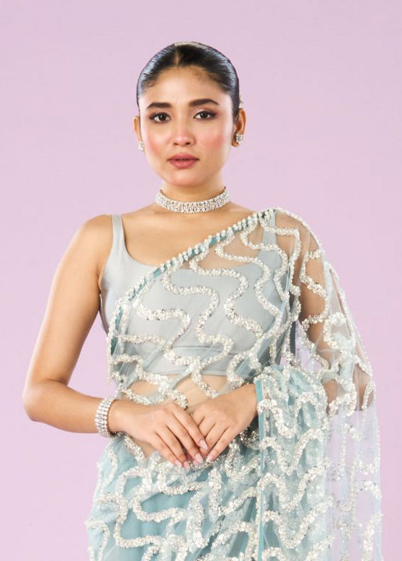 Mohey Women Ethereal Blue Net Saree