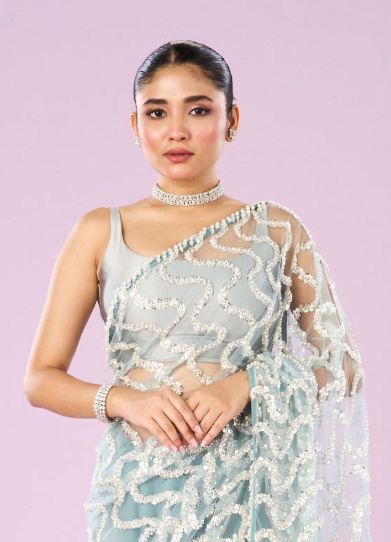 Mohey Women Ethereal Blue Net Saree