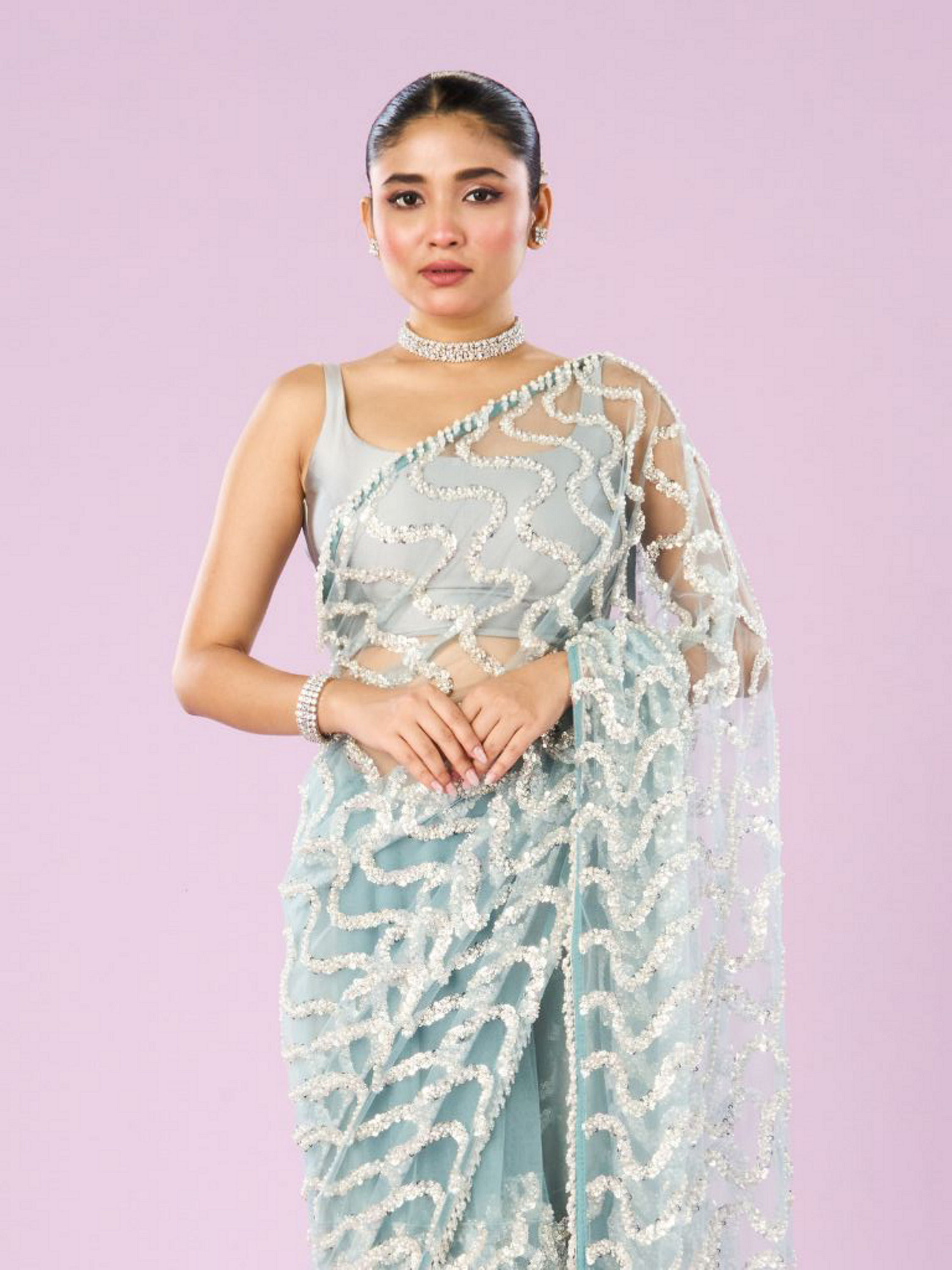 Mohey Women Ethereal Blue Net Saree