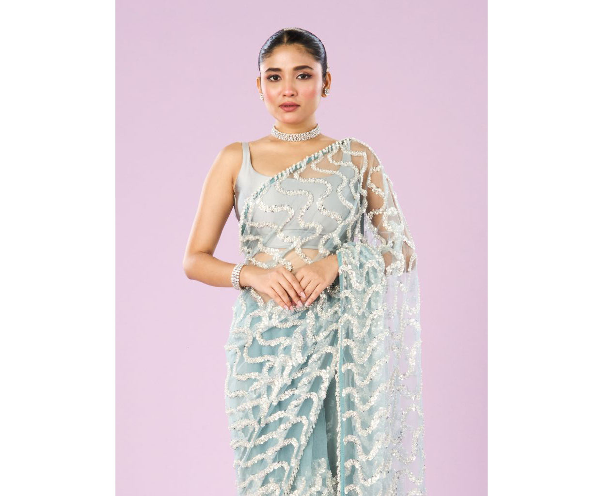 Mohey Women Ethereal Blue Net Saree