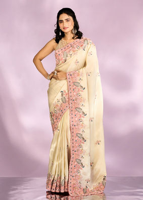 Mohey Women Enthralling Cream Organza Saree