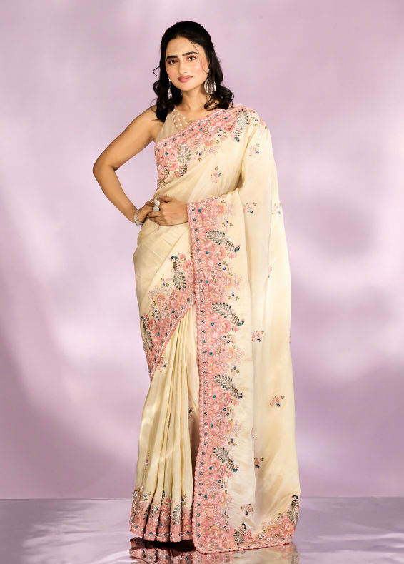 Mohey Women Enthralling Cream Organza Saree